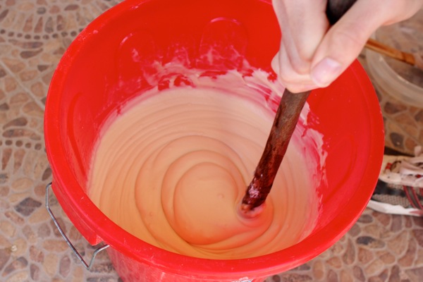 Homemade soap reaches the "trace" point during stirring.