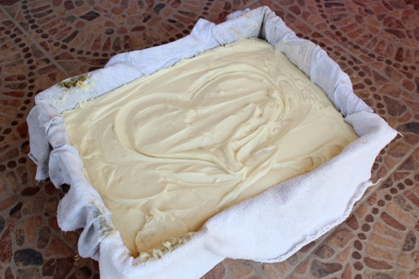 Homemade soap poured into a mould, ready for drying.