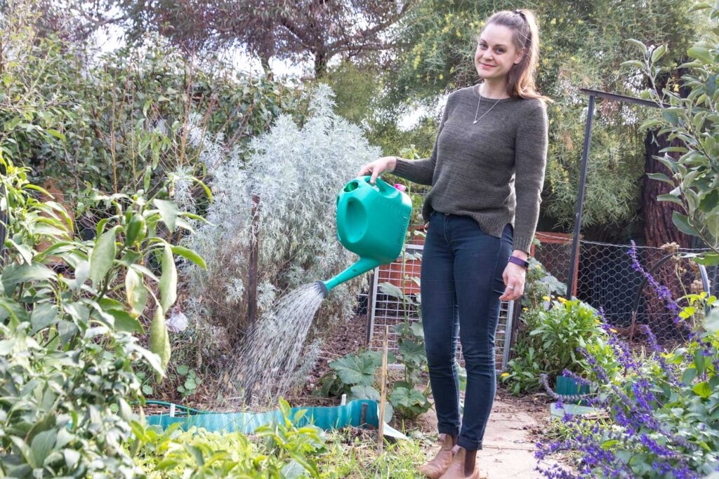 Koren fertilising her organic garden