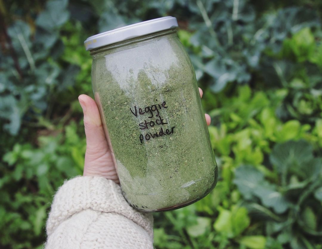 Vegetable stock powder in a big glass jar.