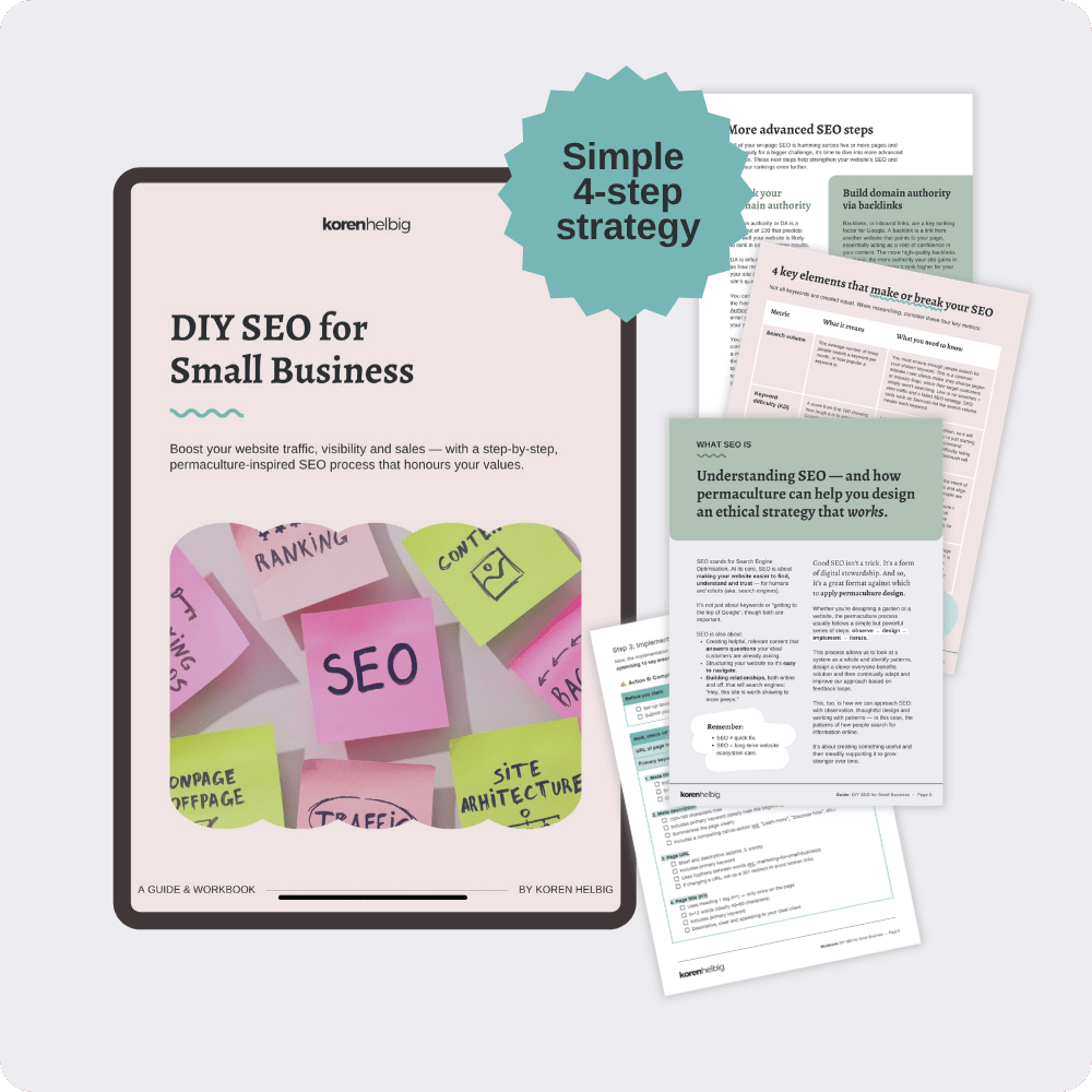 A mock up of the DIY SEO for Small Business front cover, surrounded by screenshots from inside the PDF