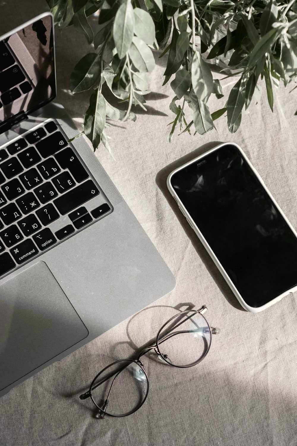 A flatlay of a computer, mobile phone, hipster glasses and plants.