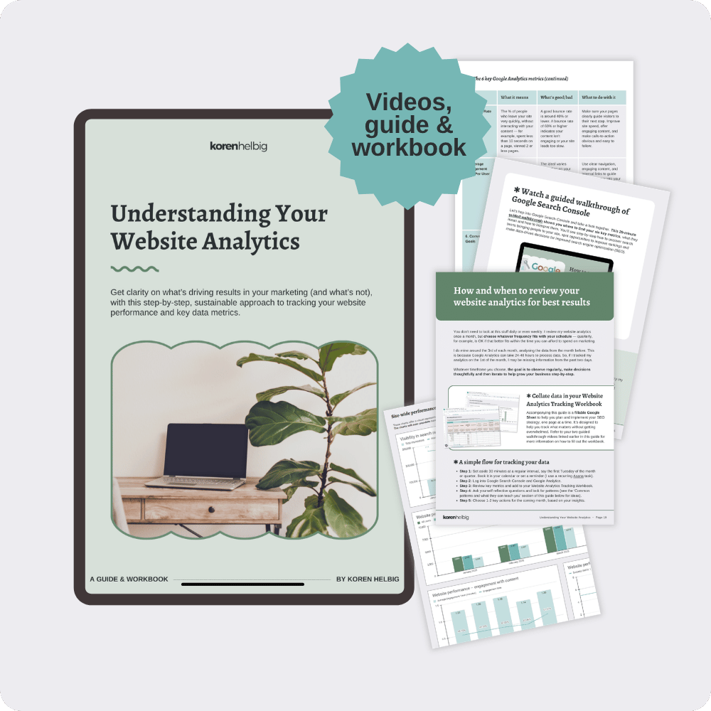 A mock up of the Understanding Your Website Analytics front cover, surrounded by screenshots from inside the PDF