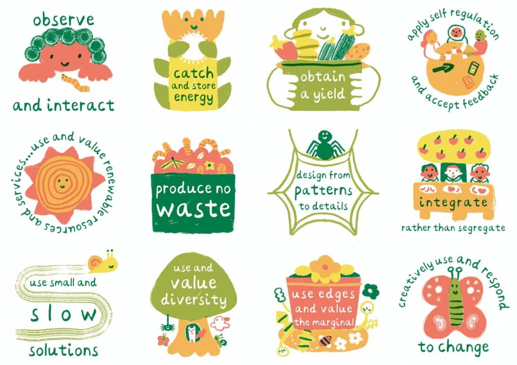 Brightly coloured illustrations of all of the 12 permaculture principles, by UK artist Cara Rooney