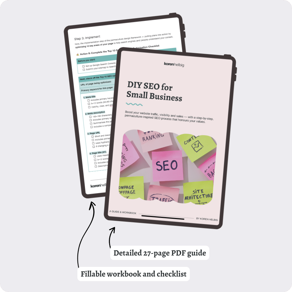 The DIY SEO for Small Business guide cover, with text over top that reads: 'Detailed 27-page guide' and 'Fillable workbook and checklist'