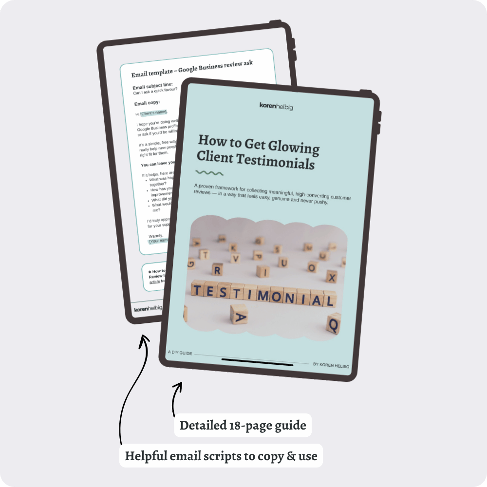 The Get Glowing Testimonials guide cover, with tet over top that reads: 'Detailed 18-page guide' and 'Helpful email scripts to copy & use'