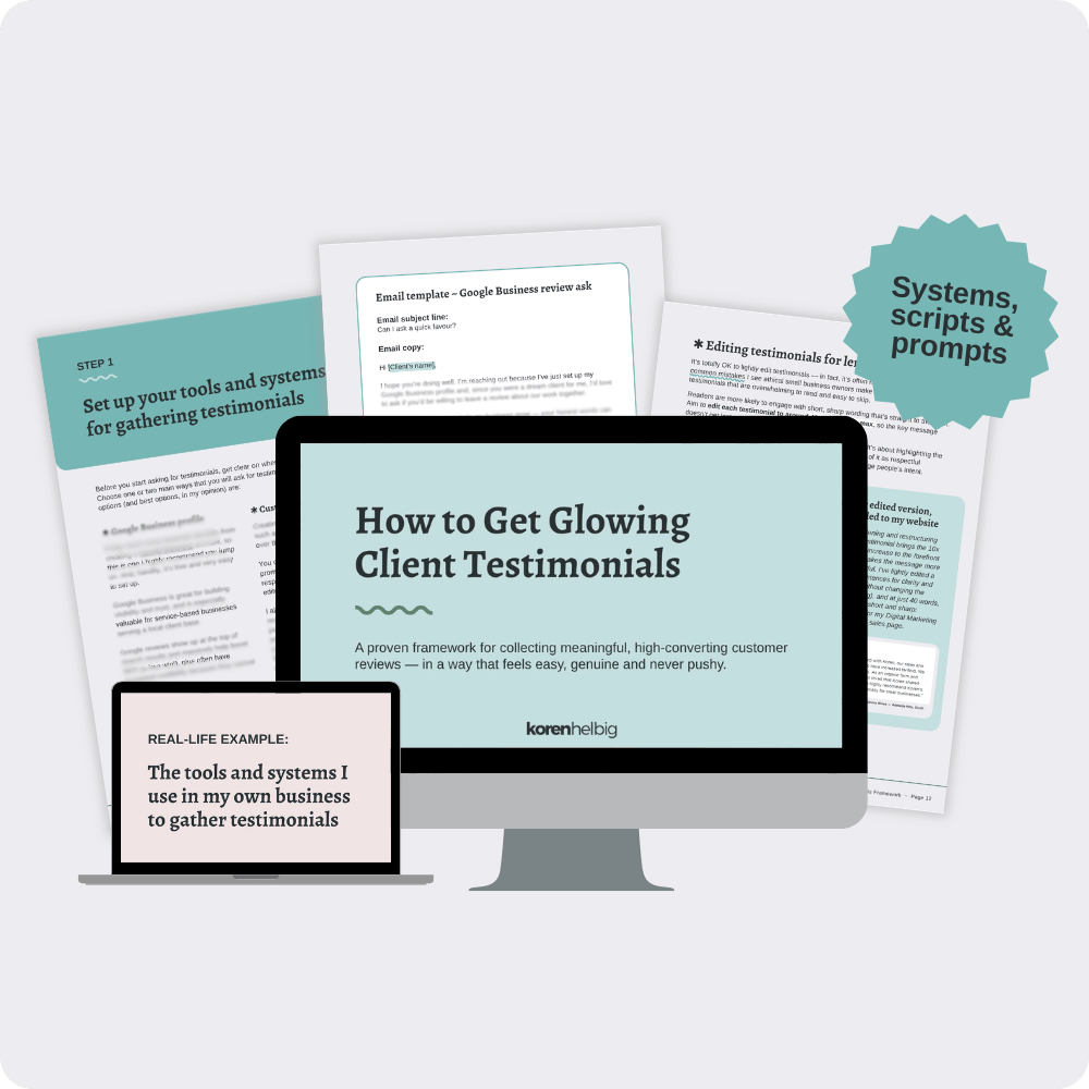 A selection of screengrabs from inside the Get Glowing Testimonials guide