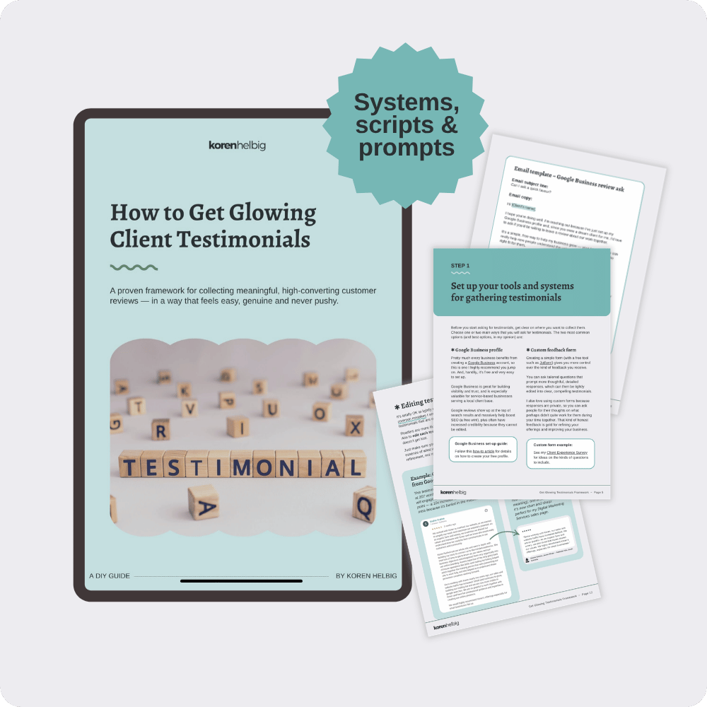 A mock up of the Get Glowing Testimonials front cover, surrounded by screenshots from inside the PDF