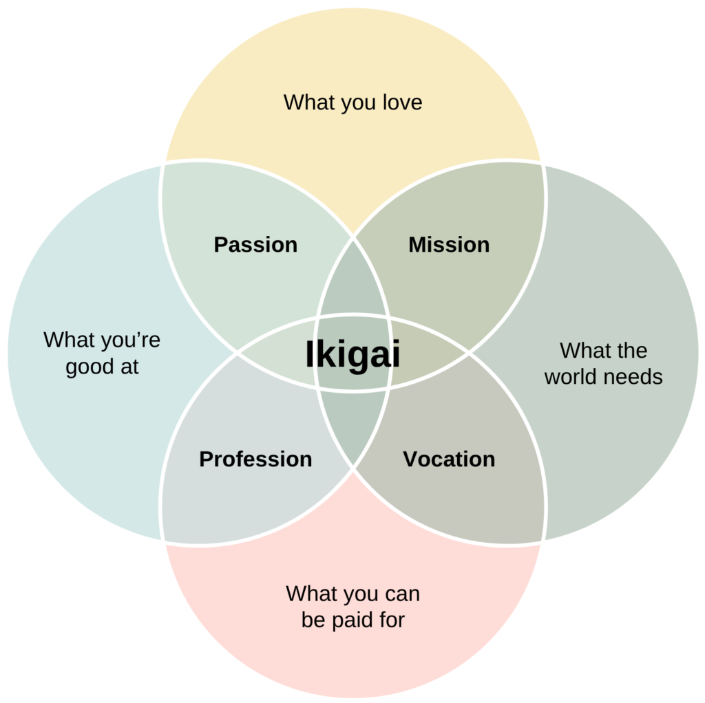 A four-circle Venn diagram showing the intersecting edges of Ikigai