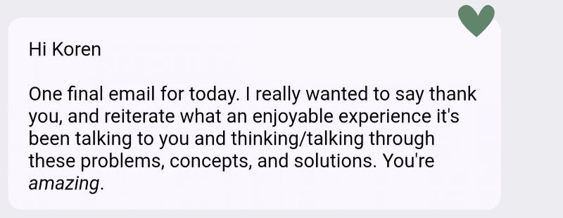 Screengrab of an email from a happy digital marketing coaching client
