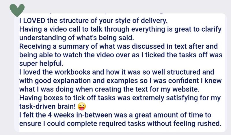 Screengrab of a feedback form response from a happy digital marketing coaching client
