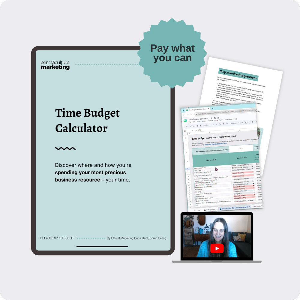 A mock up of the Time Budget Calculator front cover, surrounded by screenshots from inside the PDF